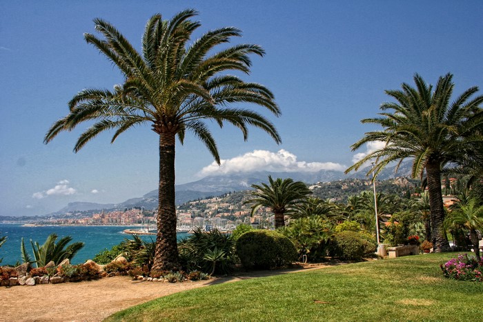 Menton, France coast with palm trees and mountains