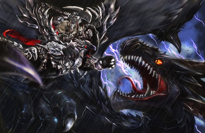 Knight riding a dragon fighting a black dragon
