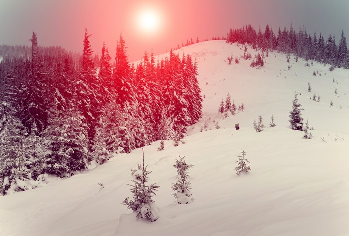 Snowy mountain landscape with sun and trees