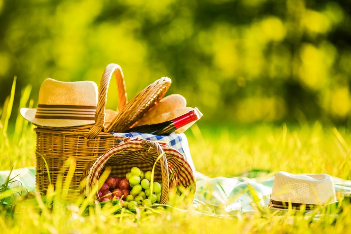 Picnic basket with grapes, bread, wine, and hats