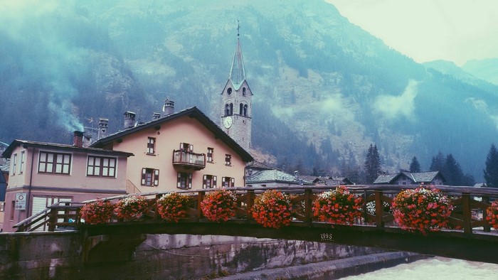 Gressoney-Saint-Jean Aosta Valley Italy bridge and church