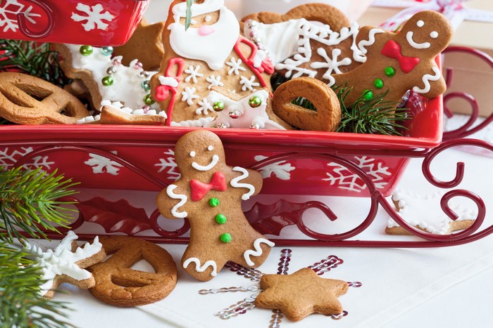 Christmas gingerbread cookies in a red sleigh