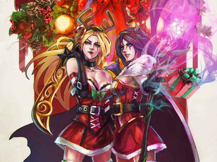 Two women in Christmas outfits with holiday decorations