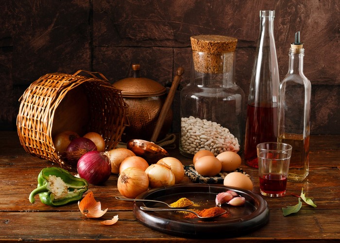 Still life with onions, eggs, and spices