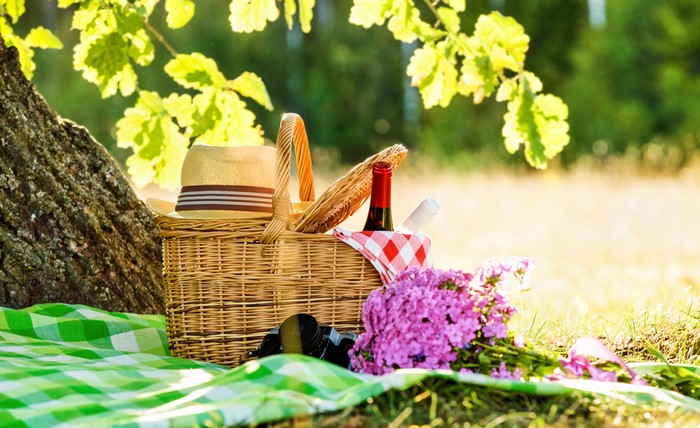 Picnic basket with wine bottle and hat