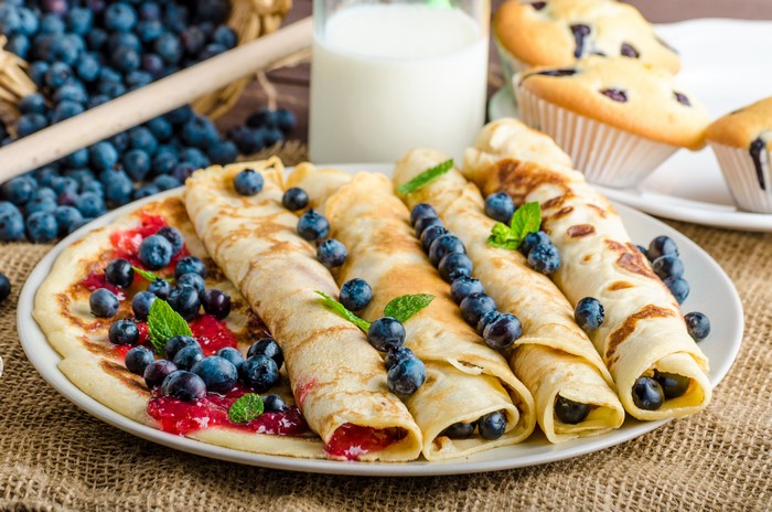 Pancakes with Blueberries and Jam on a Plate