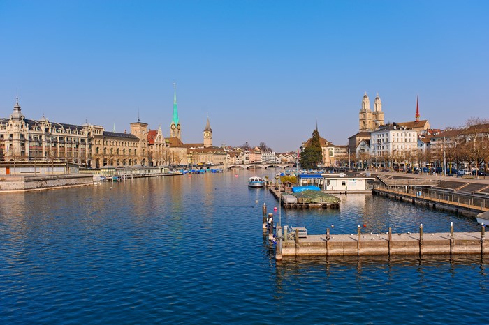 Zurich cityscape with river and churches