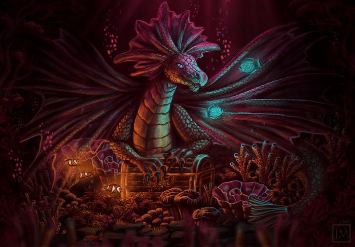 Dragon guarding a treasure chest underwater