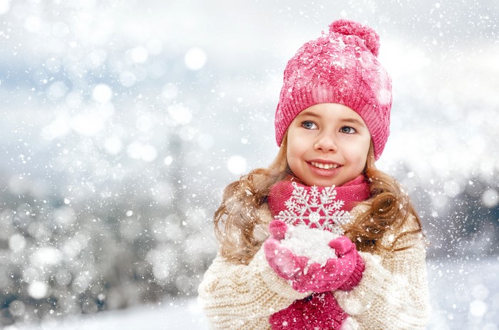 Little girl in winter hat holding snowflake