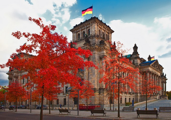 Reichstag Building in Berlin, Germany with Autumn Trees