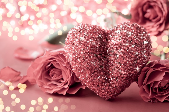 Pink Roses and Glittering Heart on Valentine's Day