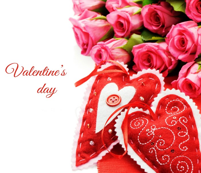 Valentine's Day Pink Roses and Red Hearts