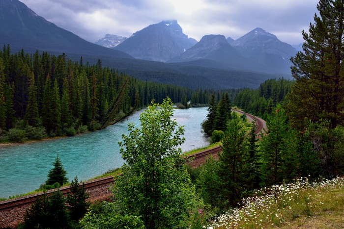 Bow River Banff National Park Canada Railroad Mountains Forest