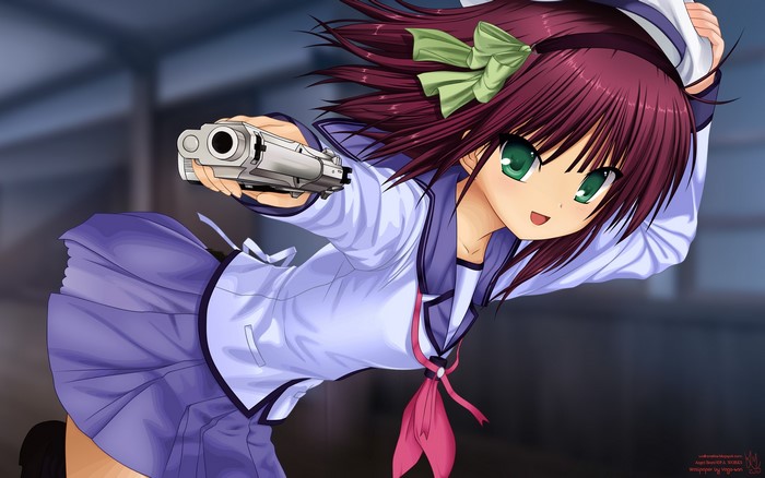 Yui from Angel Beats! holding a pistol