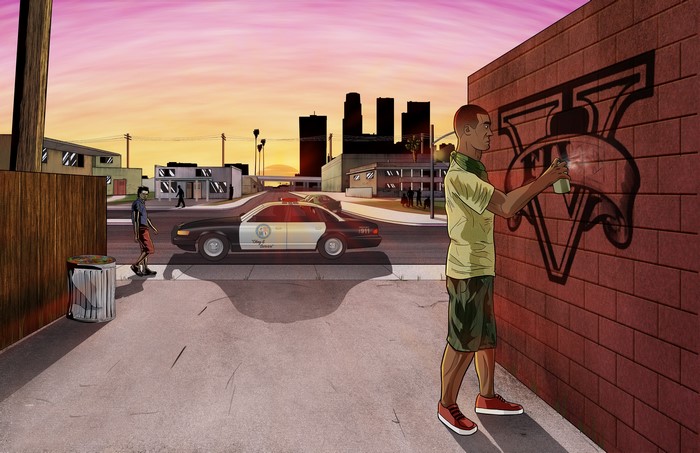Man spray painting GTA V logo on wall, police car in background