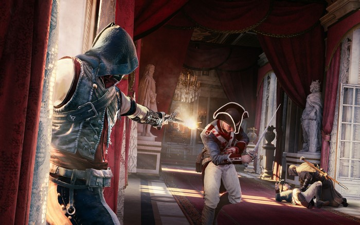 Assassin from Assassin's Creed Unity shoots a soldier