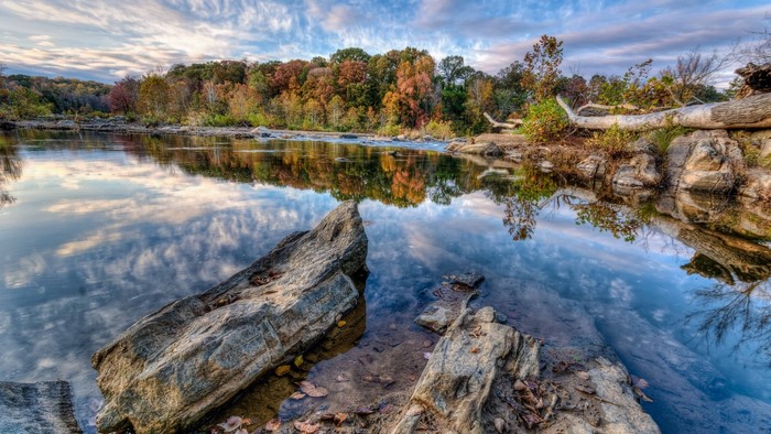 Autumn forest reflected in a calm river