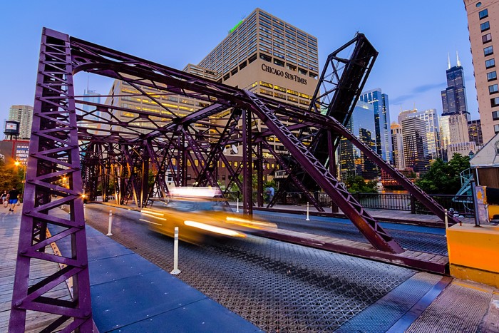 Chicago Drawbridge with City Skyline at Dusk