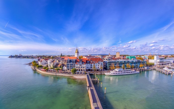 Friedrichshafen, Germany, on Lake Constance with a pier and boats