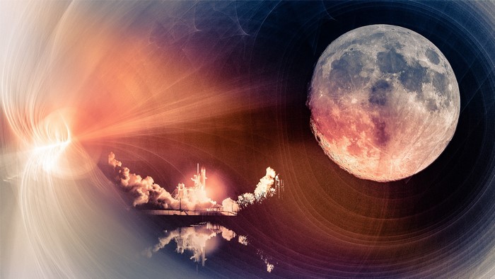 Rocket Launch with Moon and Cosmic Background