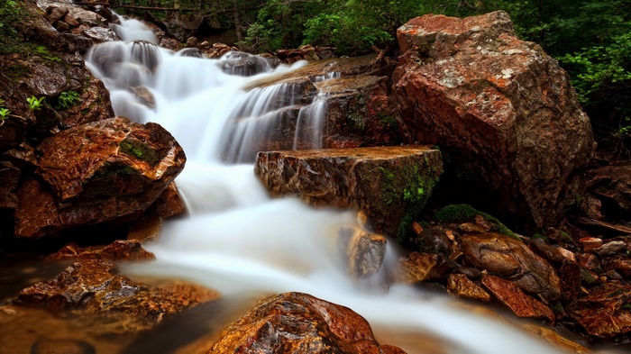 Waterfall cascading over rocks in a forest
