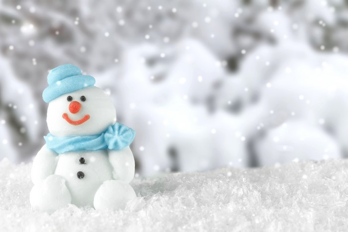 Snowman with blue hat and scarf in snow