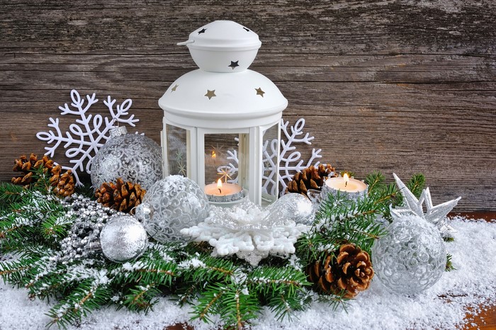 Christmas Lantern with Ornaments and Pine Cones