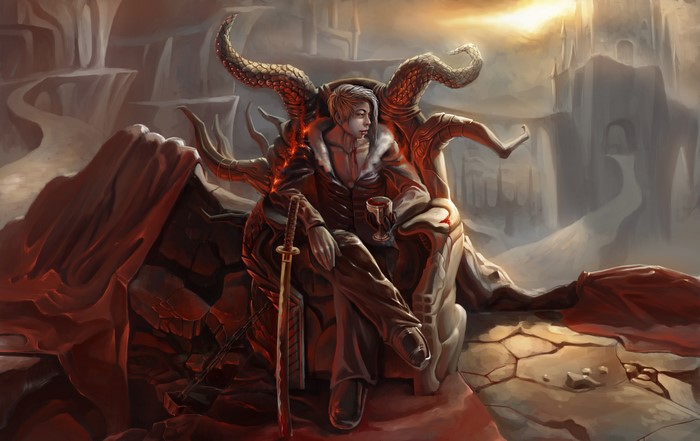 Vampire man on a throne with a sword