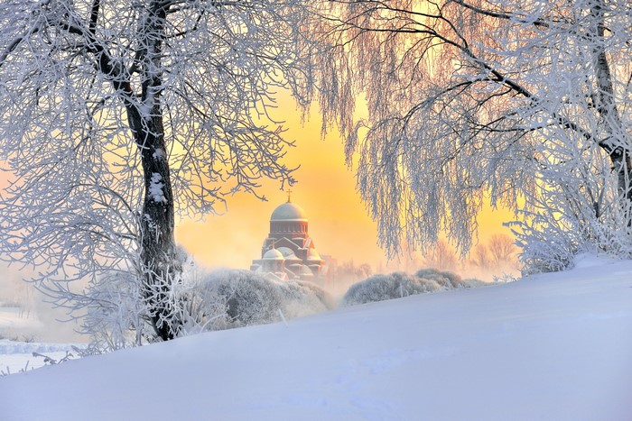 Winter scene with a church in St. Petersburg, Russia
