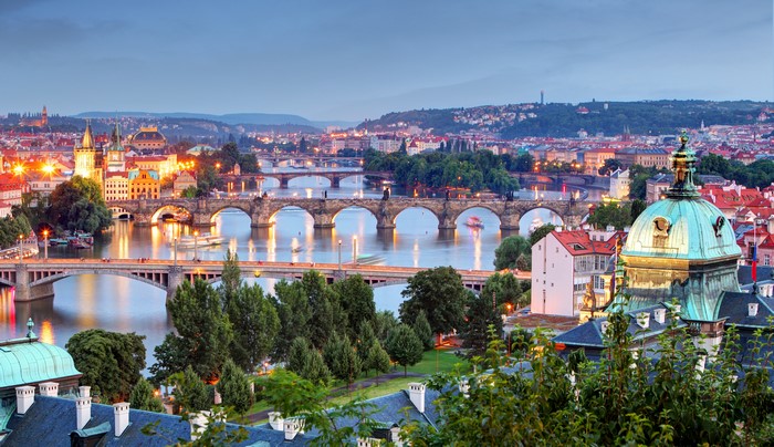 Prague, Czech Republic: Bridges and River at Dusk