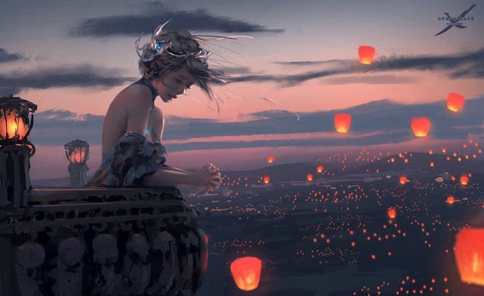 Woman on balcony with lanterns