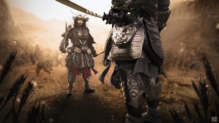 Two Samurai Warriors in Armor Facing Each Other