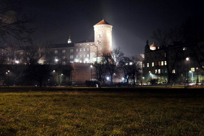 Wawel Castle at night in Krakow, Poland