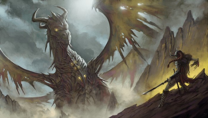 Dragon and Warrior in Mountains