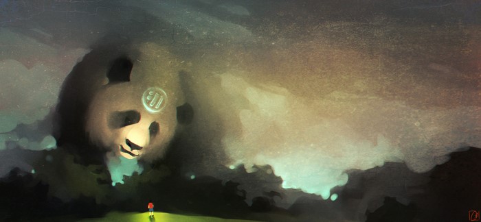 Giant Panda spirit in the clouds with a person below