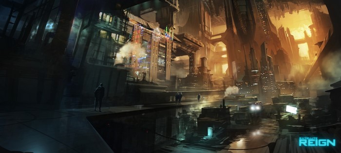 Satellite Reign cityscape with people