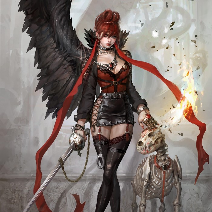 Redhead warrior with black wings and skeleton dog