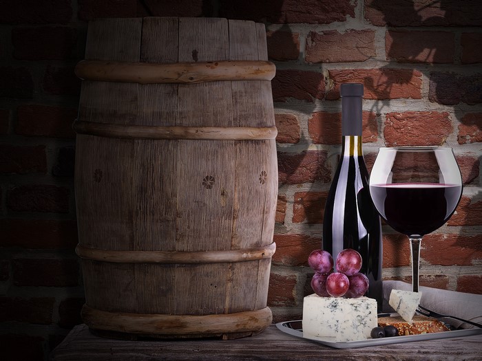 Wine Barrel with Bottle, Glass, Cheese, and Grapes