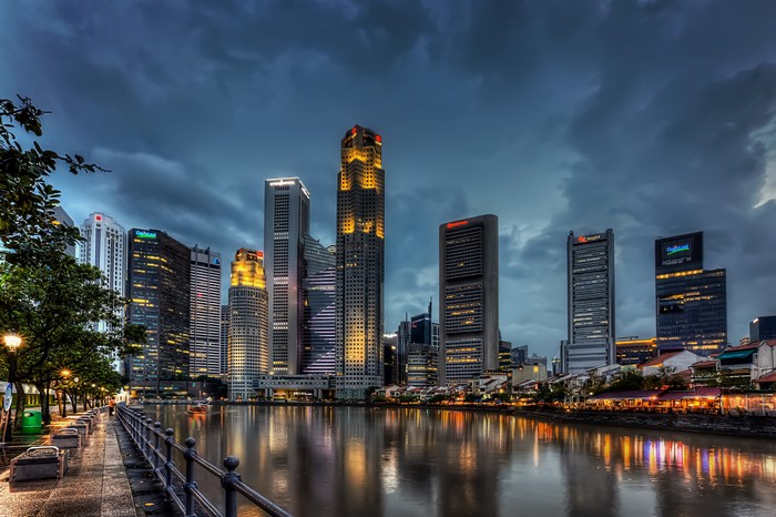 Singapore skyline with skyscrapers at night