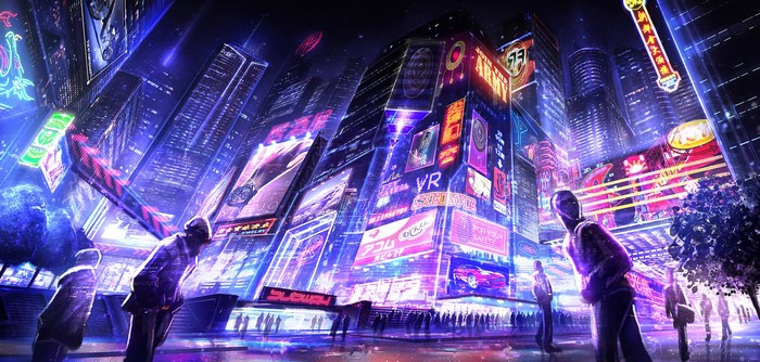 Futuristic city street at night with neon signs