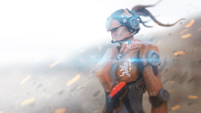 Robot in orange armor with lion emblem