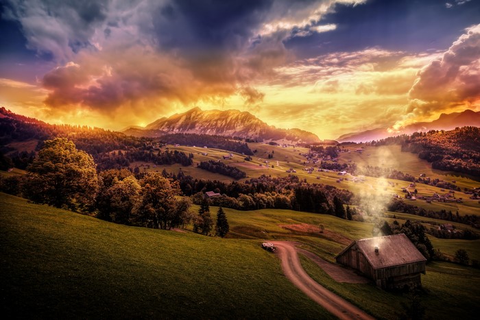 4K Amden Switzerland Mountains Sunrise Scenery