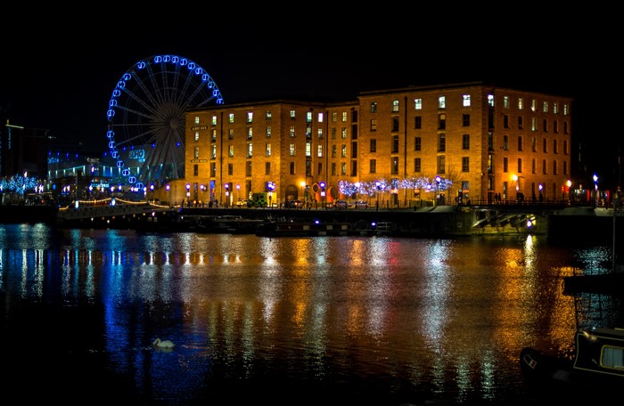 Albert Dock, Liverpool at Night with Ferris Wheel