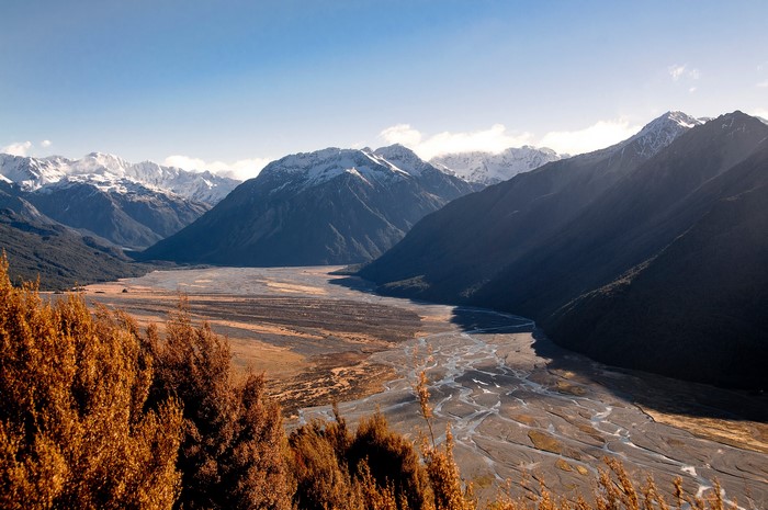 Snow-capped mountains and a braided river valley