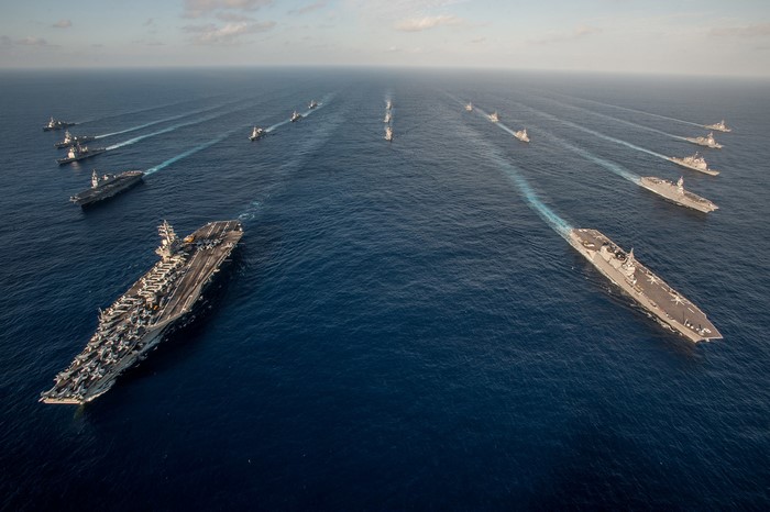 Naval fleet formation with aircraft carriers and destroyers