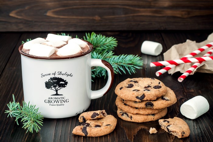 Hot Chocolate Mug with Marshmallows and Cookies