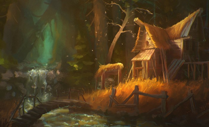 A rustic cabin by a waterfall in a forest