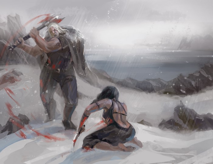 Two warriors in a snowy landscape