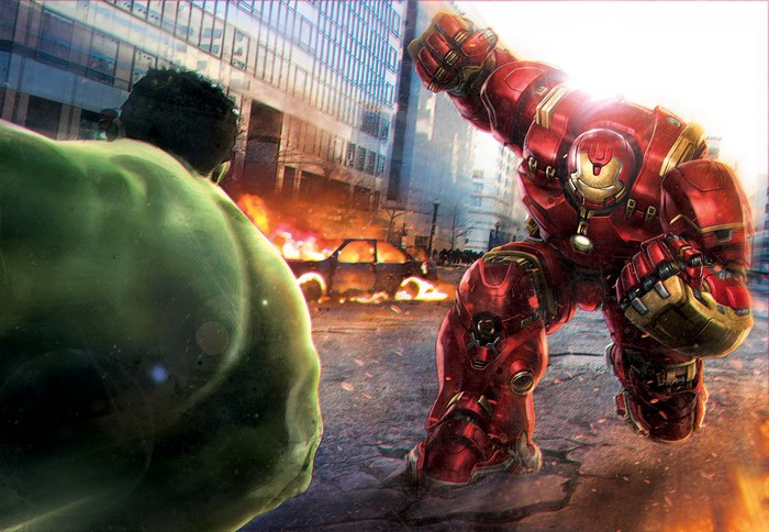 Hulk and Iron Man in Hulkbuster armor from Avengers: Age of Ultron