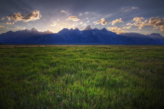 Grand Teton Mountains at sunset with a grassy field